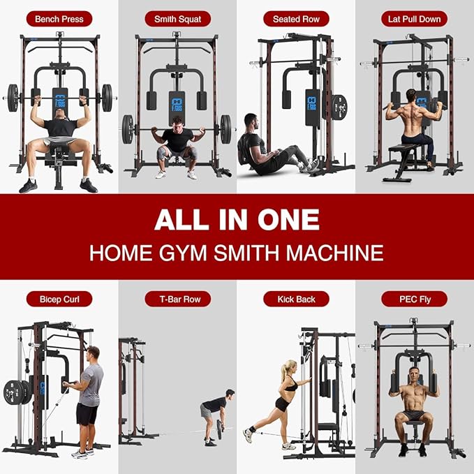 FAGUS Smith Machine Home Gym Power Cage with Pulley System, Space Saving Design Squat Rack with Full Body Strength Training Attachments, PEC Station & Fixed Cable Crossover Optional