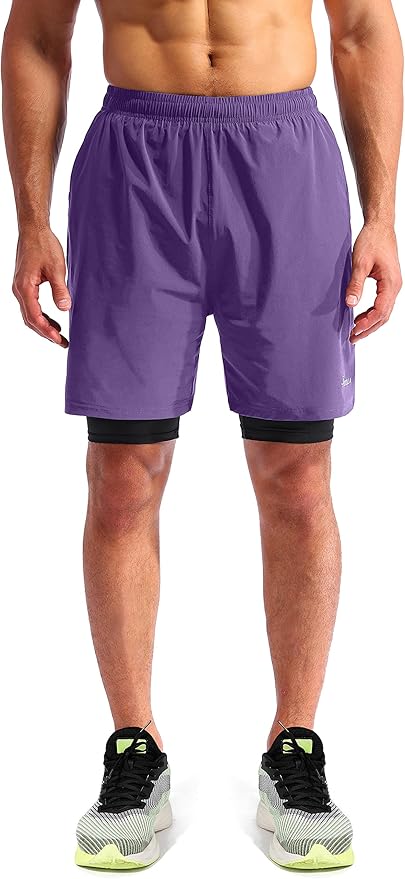 Pudolla Men’s 2 in 1 Running Shorts 5" Quick Dry Gym Athletic Workout Shorts for Men with Phone Pockets