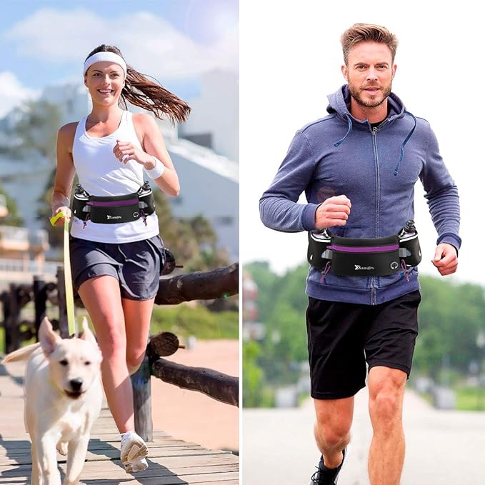 Running Belt with Water Bottles(2 x 175ML), Hydration Belt Waterproof Waist Pack Bag Fits iPhones Adjustable Sports Waist Pouch for Marathon Running Hiking Cycling, Purple