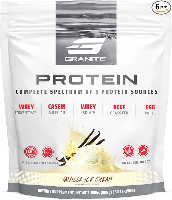 Granite Nutrition Protein Powder - Premium 5-Source Blend (Whey, Casein, Egg, Grass-Fed Beef) for Lean Muscle and Recovery - Vanilla Ice Cream, 30 Servings