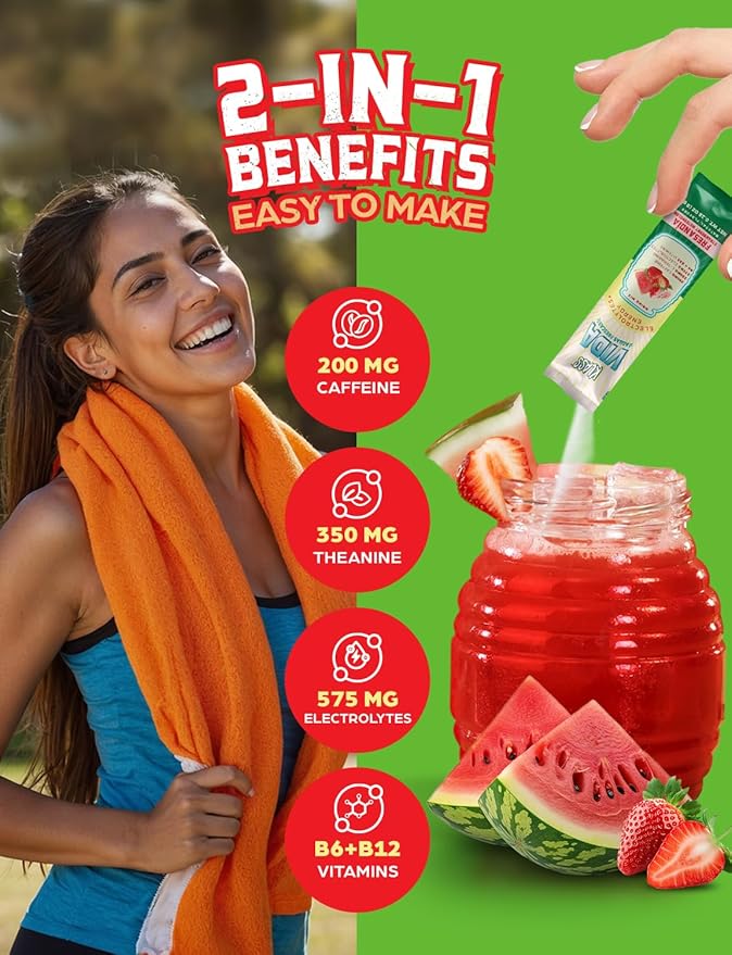Hydration + Energy Electrolyte Drink Mix – Strawberry Watermelon Agua Fresca Flavor | Sugar-Free Powder with Caffeine, L-Theanine, Coconut Water & Minerals | 15 Single-Serve Stick Packs