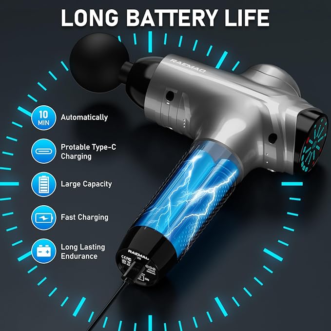 RAEMAO Massage Gun, Massage Gun Deep Tissue, Back Massage Gun for Athletes for Pain Relief Attaching 10 PCS Replacement Heads, Percussion Massager with 10 Speeds & LED Screen, Grey