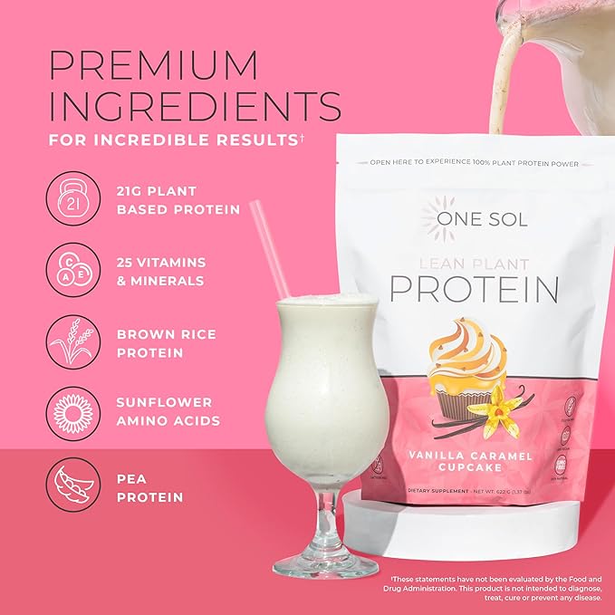 One Sol Lean Plant Protein Powder, Pea & Brown Rice Protein, Low Carb, Vegan Friendly - Gluten, Lactose, & Soy Free - No Added Sugar, Non-GMO, Clean Nutrition, No Bloating (Vanilla Caramel Cupcake)