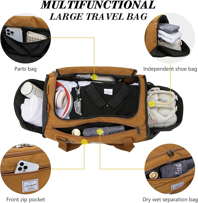 Laripwit Gym Bags for Men, 40L Medium Sports Travel Duffel Bag with Shoe Compartment & Wet Pocket Lightweight Gym Duffle Bag Backpack Multipurpose Weekender Overnight Backpack for Women, Brown