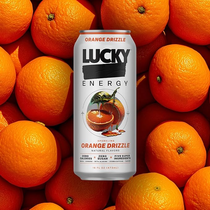 Lucky Energy Sugar Free Energy Drinks 16 Fl Oz Cans (12-Pack) Orange Drizzle with Maca, Ginseng, Taurine, Beta-Alanine, 200mg Caffeine
