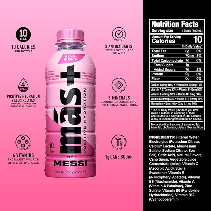Más+ by Messi 16.9oz Miami Punch, Sports Drink & Hydration Beverage, Natural Flavors with Vitamins and Electrolytes, No Artificial Sweeteners or Colors, 12-pack