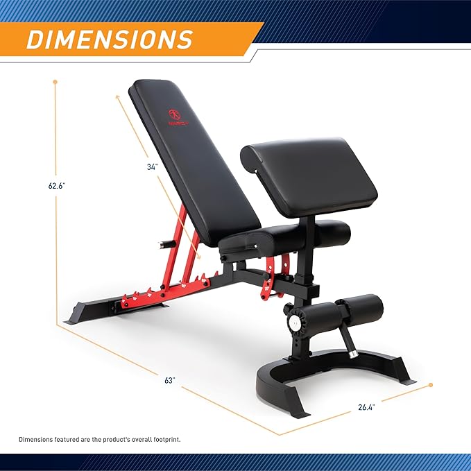 Marcy Adjustable Weight Bench for Home Gym, Heavy-Duty Workout Bench Press with 7-Position Backrest, Incline Decline Flat, Preacher Curl Pad, Leg Anchor, Full Body Strength Training Equipment SB-7799