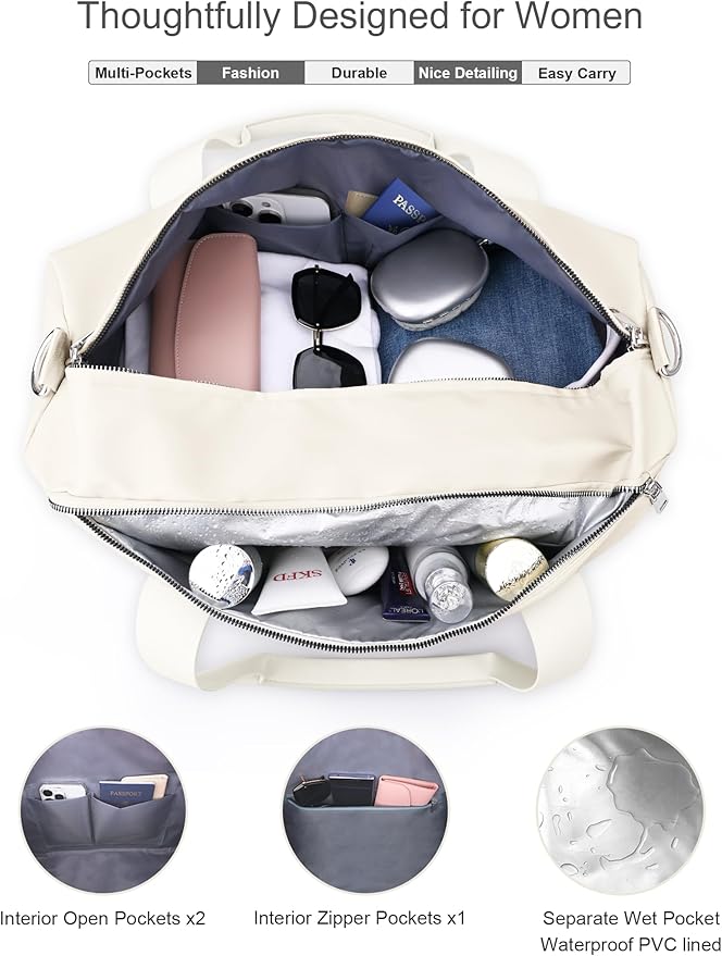 Gym Bag for Women and Men with Shoe Compartment & Wet Pocket - Duffle Bag for Travel Sports Fitness Workout Athletic, 19"-Medium, Beige