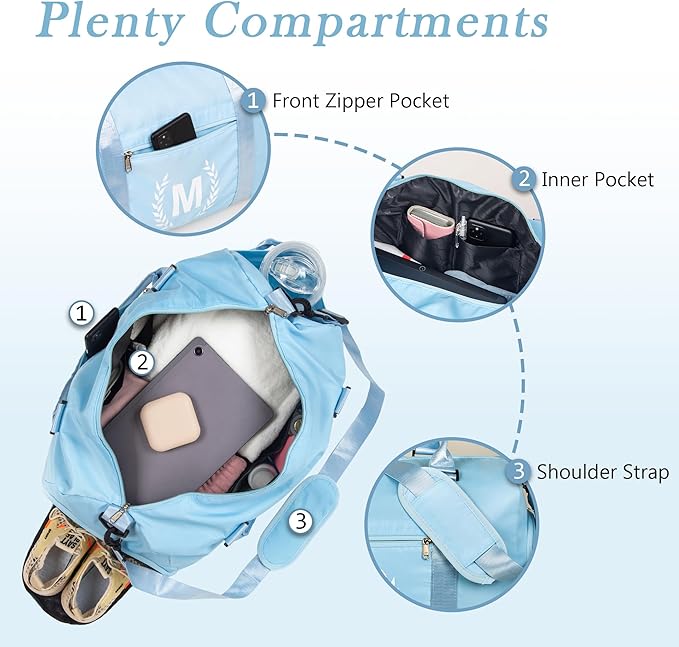 Gym Bag for Women, Personalized Duffle Bag with Shoe Compartment, Sports Bag for Yoga & Dance with Wet Pocket and Mat Strap