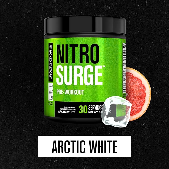 Jacked Factory NITROSURGE Pre Workout Supplement - Endless Energy, Instant Strength Gains, Clear Focus, Intense Pumps - NO Booster & Powerful Preworkout Energy Powder - 30 Servings, Arctic White