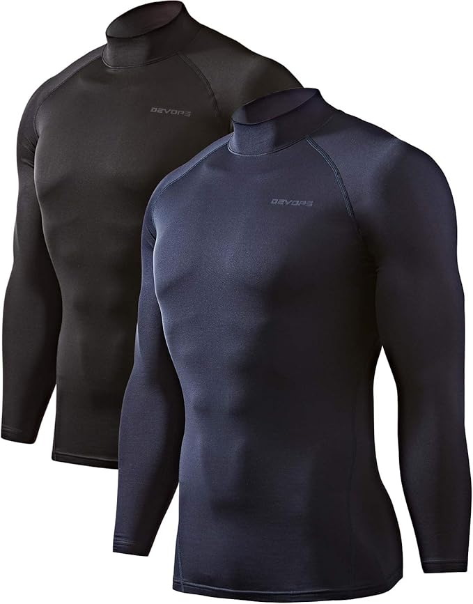 DEVOPS 2 Pack Men's Thermal Turtle Mock Neck Shirts, Compression Long Sleeve Tops and Hoodies