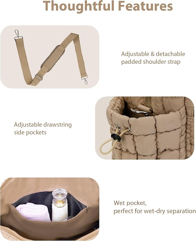 Quilted Duffle Bag for Women Cute Weekender Overnight Bags Lightweight Soft Puffer Travel Duffel Bags Carry On Gym Bag