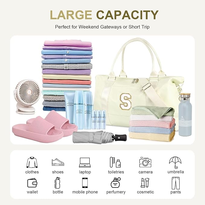 Dance Gym Duffel Bag for Teen Girls, Personalized Initial Travel Weekender Bag,Cute Overnight Carry On Duffle for Women,Sports Travel Cheer Bag,Monogram Christmas Gifts for Tween Preppy(beige-S)