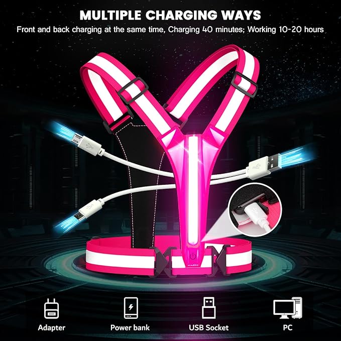 LED Reflective Running Vest Gear,Light Up Vest Runners Night Walking USB Rechargeable,Up to 11hrs Light with Adjustable Waist/Shoulder for Women Men Kids