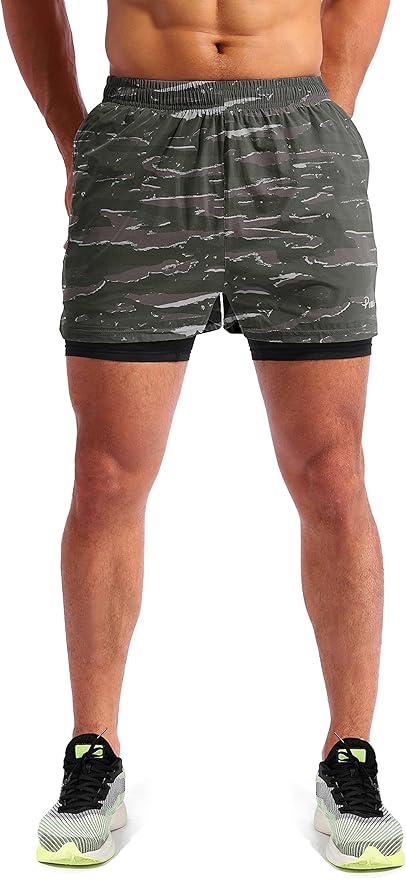 Pudolla Men’s 2 in 1 Running Shorts 5" Quick Dry Gym Athletic Workout Shorts for Men with Phone Pockets