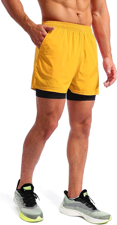 Pudolla Men’s 2 in 1 Running Shorts 5" Quick Dry Gym Athletic Workout Shorts for Men with Phone Pockets