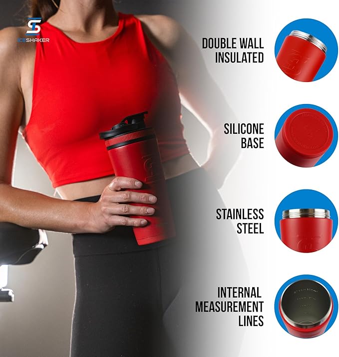 Ice Shaker Insulated Stainless Steel Shaker Bottle | 26oz, Red/Black | Cold for 30+ Hours | Insulated Cup with Twist-on Agitator | Odor-Free Bottle for Protein Shakes, Water, Smoothies, Cocktails