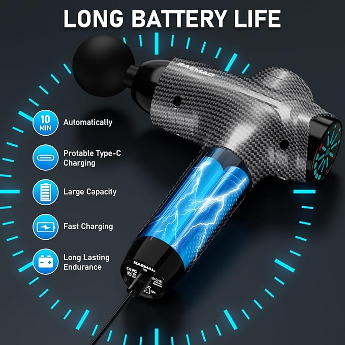 RAEMAO Massage Gun, Handheld Electric Deep Tissue Muscle Massager for Athletes for Pain Relief Attaching 8 Replacement Heads, Percussion Massager with 10 Speeds, Father's Day Gifts, Carbon