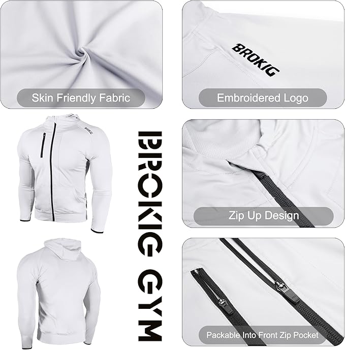 BROKIG Mens WindBreak Lightweight Running Jackets with Zip Pocket, Workout Track Hoodie Athletic Gym Sweatshirts Men