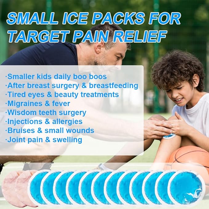 Small Round Ice Packs for Injuries, 12 Pack Soft Cosmetic Ice Packs for Face, Reusable Hot Cold Gel Pack Circular Cold Compress with 2 Wrap for Pain Relief, Toothaches, Breast Surgery, Wisdom Teeth