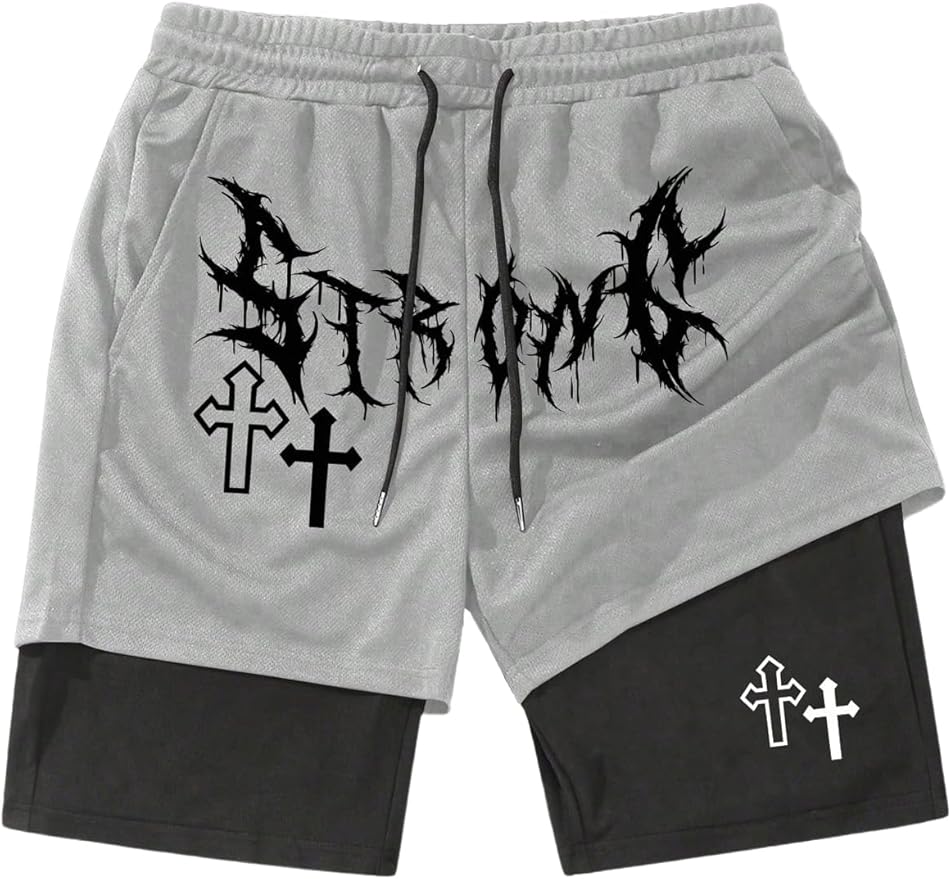 Men's Graphic Shorts with Liner Cross Print Drawstring 2 in 1 Gym Track Bottoms