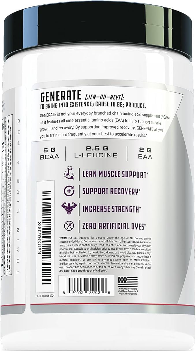 Generate EAA and BCAA Powder: Best Post Workout Recovery Drink and Branched Chain Amino Acids Supplement with Essential Amino Acids, 5g BCAAs, 2g EAAs for Lean Muscle Mass | Watermelon, 30 Servings