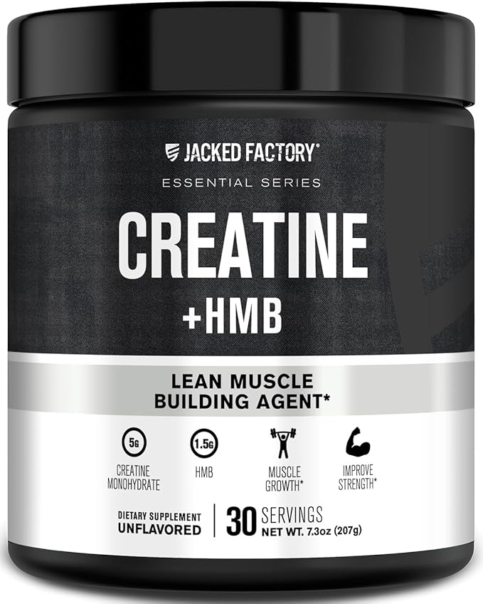 Jacked Factory Creatine HMB Powder Supplement with Creatine Monohydrate & HMB for Men & Women for Muscle Growth, Increased Strength, Enhanced Energy - 30 Servings, Unflavored