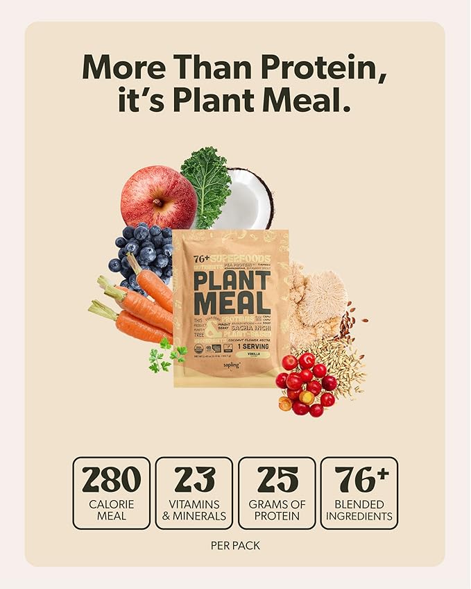 Plant Meal Replacement Shake - Vanilla - 25g of Plant Based Vegan Protein Powder, 76+ Organic Superfoods, Vitamins & Minerals, Mushrooms, Super Greens, Digestive Enzymes & Probiotics - 1 Serving