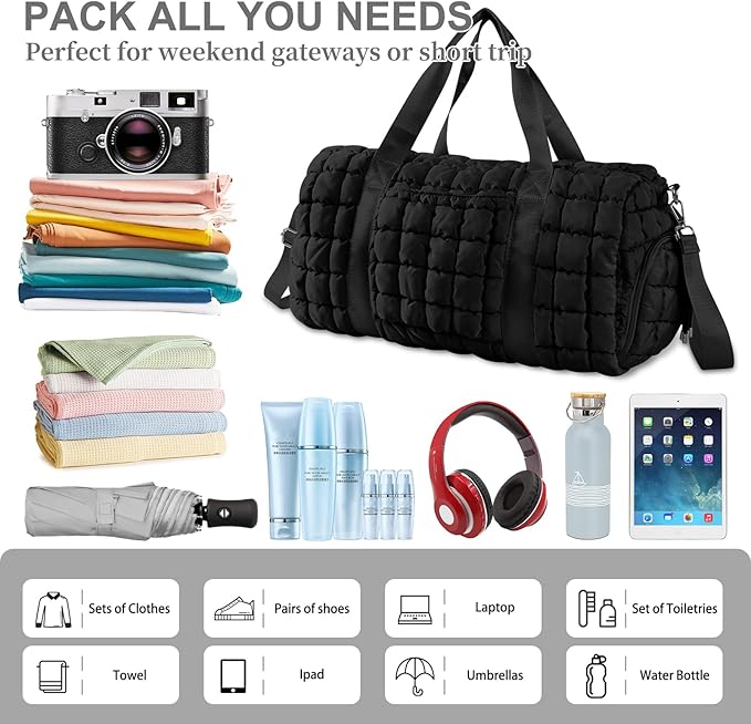 Quilted Travel Duffle Bag Gym Bag for Women,Large Puffer Duffle Weekender Bag with Compartment,Workout Overnight Carry on Organizer Bag Duffle Bag for Airplane Travel(Black)