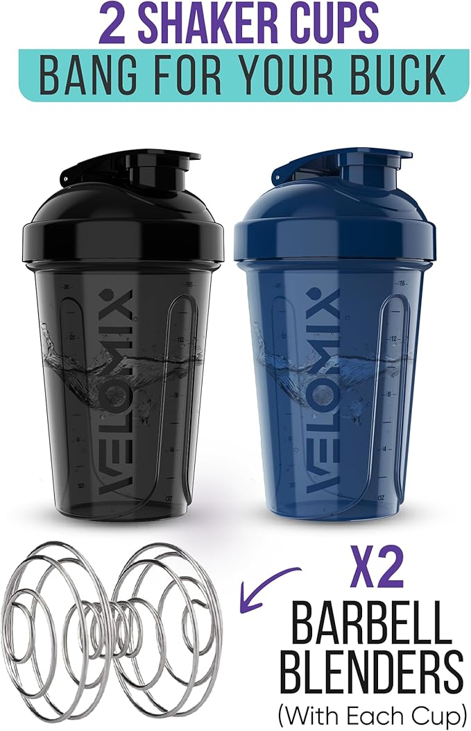 VELOMIX -2 Pack- 20 oz Protein Shaker Bottles for Protein Mixes - 2x Wire Whisk | Leak Proof Shaker Cups for Protein Shakes and Pre Workout | Protein Shaker Bottle Pack (Blue/Black)