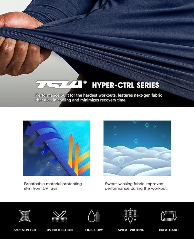 TSLA Men's UPF 50+ Compression Shirts, Cool Dry Long Sleeve Athletic Tops, Sports Baselayer Workout Shirt