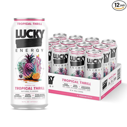 Lucky Energy Sugar Free Energy Drinks 16 Fl Oz Cans (12-Pack) Healthy Energy Drink. Tropical Thrill with Maca, Ginseng, Taurine, Beta-Alanine, 200mg Caffeine
