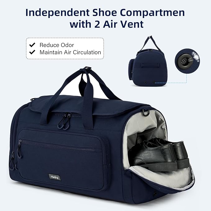 Large Travel Duffle Gym Bag with Shoe Compartment, Underseat Carry On Luggage Overnight Weekender Personal Item Workout Bags for Women Men (Navy Blue)