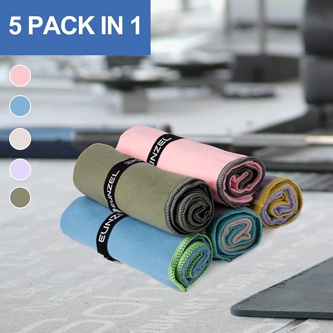 Eunzel Microfiber Workout Towel,Quick Dry Silver Ion Absorbent Sweat Gym Towel for Workout, Camping, Travel, Exercise& Fitness 31.5"x15.7", Set of 5 Colorful