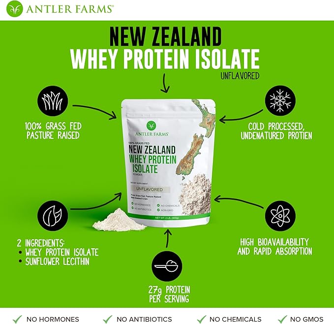 Antler Farms - 100% Grass Fed New Zealand Whey Protein Isolate, Unflavored, 2 lbs - Pure and Clean, 2 Ingredients, Delicious, Cold Processed