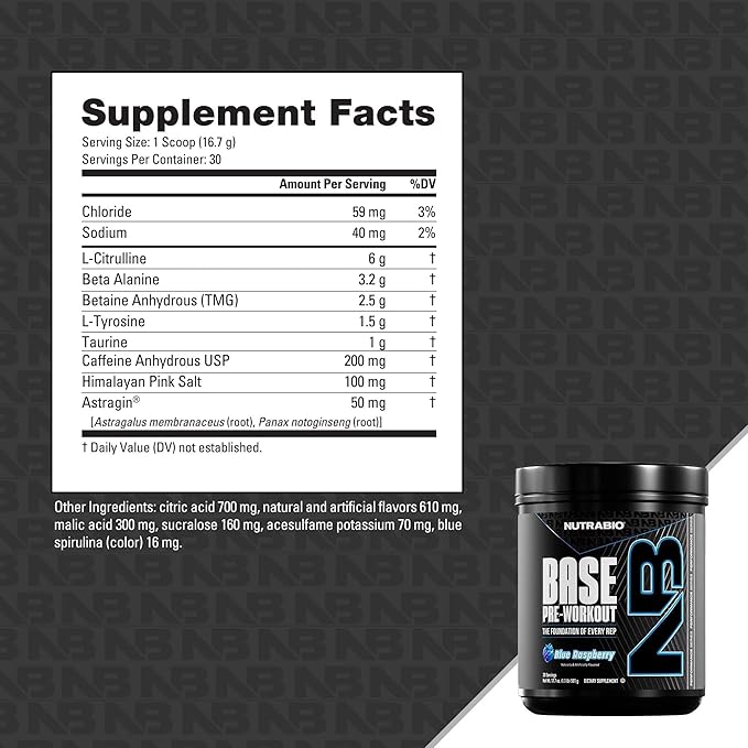 NutraBio Base Pre-Workout Powder 200mg Caffeine, Sustained Energy, Focus, Endurance, Pump, Sugar Free, Clean Preworkout for Men and Women - Beta Alanine, L-Tyrosine, 30 Servings - Blue Raspberry