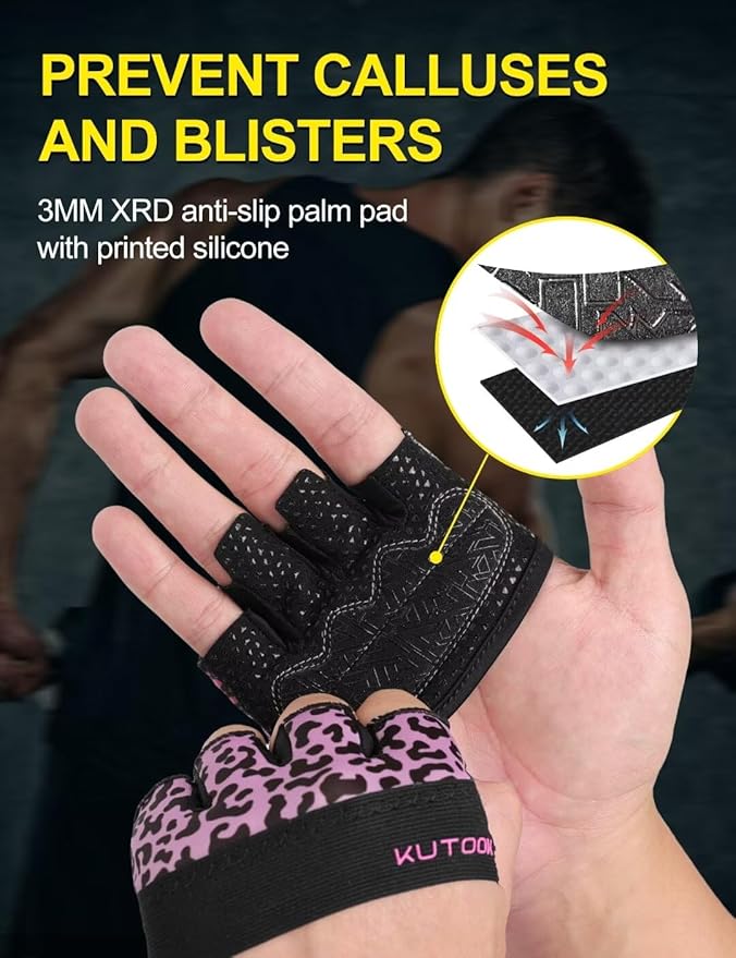KUTOOK Weight Lifting Workout Gloves for Men/Women, 3mm XRD Padding Grip Gym Gloves, Breathable Partial Gloves for Calluses, Weightlifting Gloves for Exercise, Kettlebell, Pull-Ups, Cross Training
