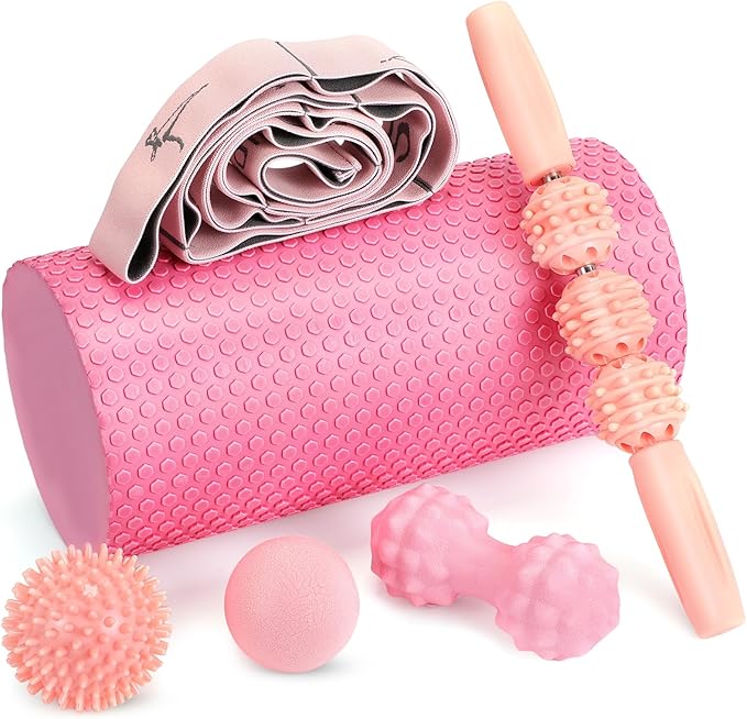 6 Pcs Pink Foam Roller Set Includes Peanut Massage Ball, Back Roller, Massage Roller Stick, 2 Foot Stretching Strap, and Fasciitis Ball for Christmas Gift Exercise Physical Body Therapy Yoga Massager
