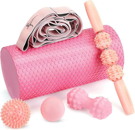 6 Pcs Pink Foam Roller Set Includes Peanut Massage Ball, Back Roller, Massage Roller Stick, 2 Foot Stretching Strap, and Fasciitis Ball for Christmas Gift Exercise Physical Body Therapy Yoga Massager
