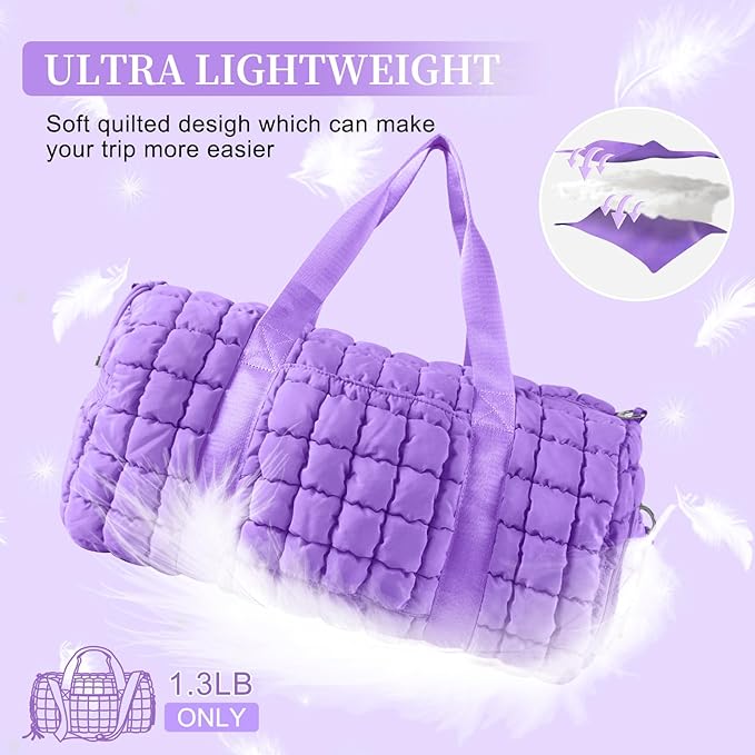 Quilted Travel Duffle Bag Gym Bag for Women,Large Puffer Duffle Weekender Bag with Compartment,Workout Overnight Carry on Organizer Bag Duffle Bag for Airplane Travel(Purple)