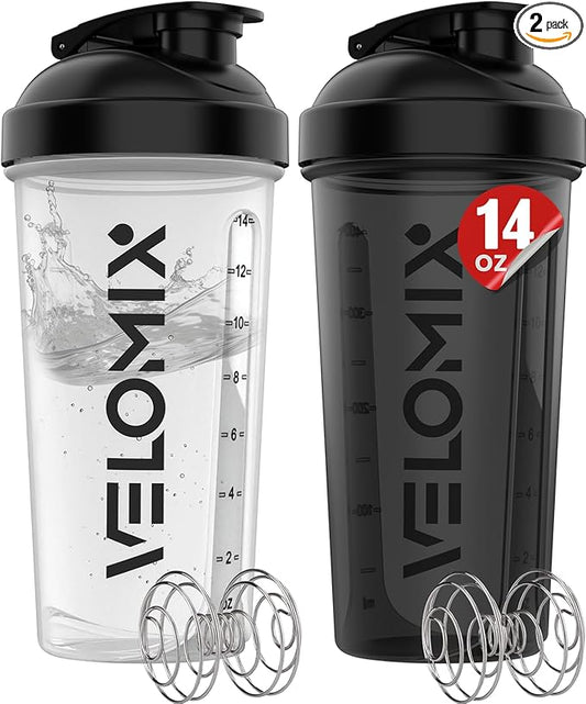 VELOMIX -2 Pack- 20 oz Protein Shaker Bottles for Protein Mixes - 2x Wire Whisk | Leak Proof Shaker Cups for Protein Shakes and Pre Workout | Protein Shaker Bottle Pack (N) 14 OZ - Extra Small