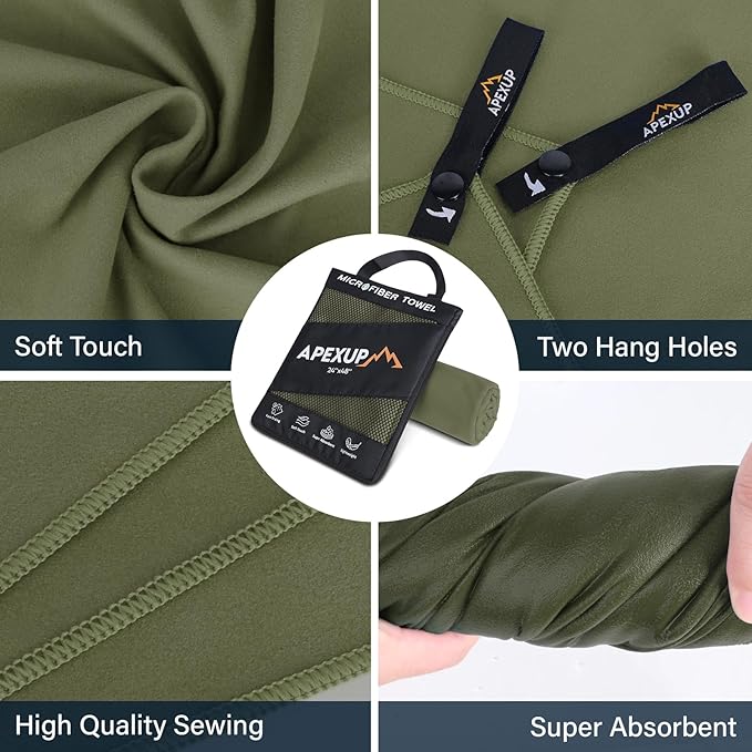 APEXUP Microfiber Travel Towel, Ultra Absorbent Quick Dry Towels, Lightweight Gym Sports Camping Towel for Workout, Yoga, Beach, Shower, Swimming (48"×24", Army Green)