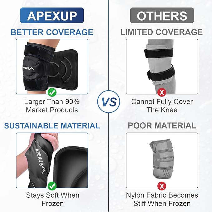 APEXUP Ice Pack for Knee Pain Relief, Large Reusable Wrap After Surgery, Flexible Gel Cold Pack for Injuries, Pain Relief for Back, Shoulder, Elbow, Ankle and Leg (Black, L, 2PK)