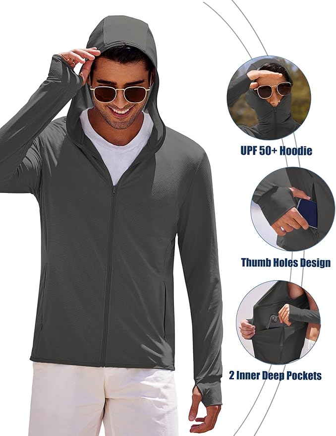 COOFANDY Men Full Zip UPF 50 Sun Protection Hoodie Jacket Long Sleeve Lightweight Breathable UV Shirts with Pockets