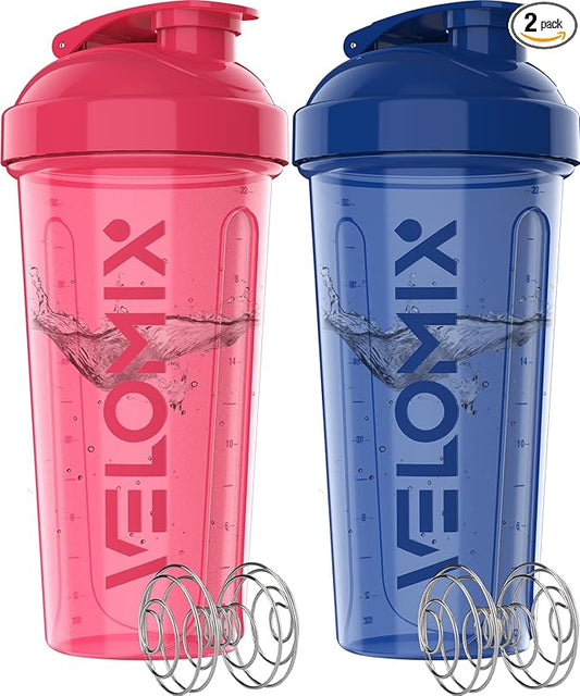 VELOMIX -2 Pack- 28 oz Protein Shaker Bottles for Protein Mixes - 2x Wire Whisk | Leak Proof Shaker Cups for Protein Shakes | Protein Shaker Bottle Pack | Shakers for Protein Shakes-Blue&Pink
