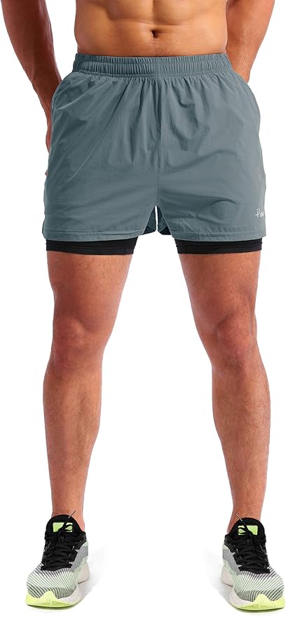 Pudolla Men’s 2 in 1 Running Shorts 5" Quick Dry Gym Athletic Workout Shorts for Men with Phone Pockets