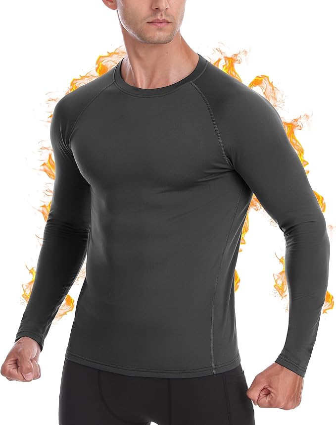 Mens Thermal Compression Shirts, Warm Long Sleeve Fleece Lined Tops Athletic Base Layer for Running Cold Weather