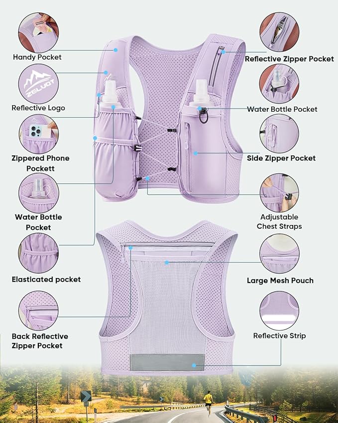 Running Vest for Women Men, USA Original Patent, Adjustable Chest Straps Running Hydration Vest with 500ml Soft Flask, Lightweight Reflective Hydration Backpack for Marathon