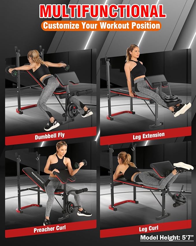 Standard Weight Bench Set with Leg Extension and Leg Curl, 660 LBS Adjustable Bench Press Set with Preacher Curl Pad, Flat Incline Workout Bench for Home Gym, Strength Training Machine for Teens