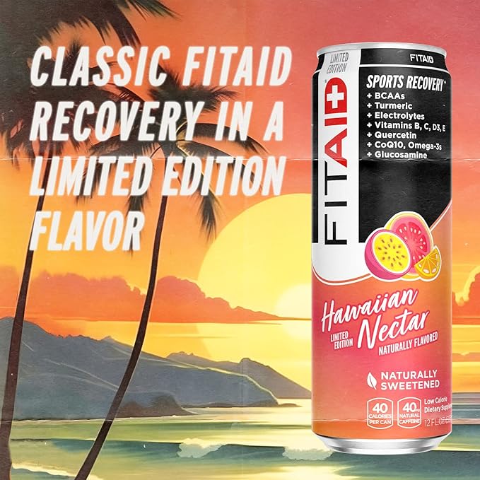 FITAID Post Workout Recovery Drink, Hawaiian Nectar, Passion Fruit, Orange & Guava, BCAAs, Glucosamine, Electrolytes, 40 Calories, 12 Fl Oz (Pack of 12)